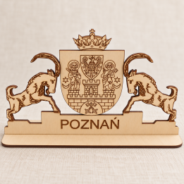 Drewniana statuetka herb Poznania z koziołkami