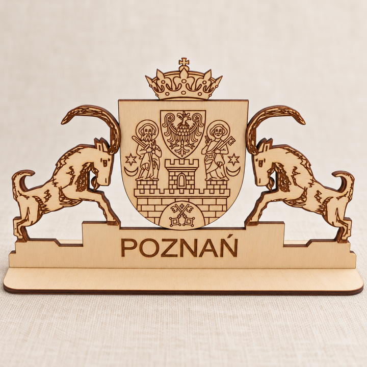 Drewniana statuetka herb Poznania z koziołkami