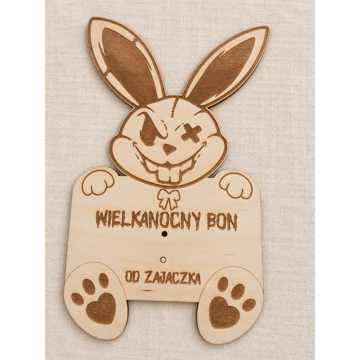 Wielkanocny bon z królikiem z okiem X, kokardą i napisem WIELKANOCNY BON