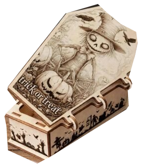 Zapowiedź drewnianej trumienki z grawerem Trick or Treat